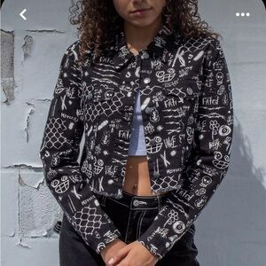 Empyre Blaise Caviar Printed Black White Doodle Graphics Crop Jean Jacket sz S